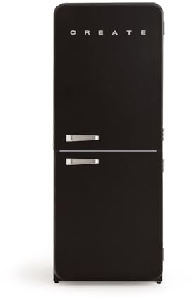 CREATE / RETRO FRIDGE COMBI 185 SILVER/Frigorifero combinato nero con maniglia argenta e congelatore, capacità 401L / 190W, No Frost, 3 ripiani, 2 cassetti, dimensioni 70x65x185 cm