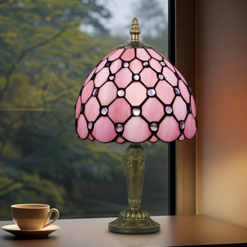 Crefotu 8 Inch Small Tiffany Style Table Lamp, Pink Stained Glass Lamp | 3 Color Temperatures, Vintage Mini Tiffany Lamp for Office Bedroom Living Room Reading Home, Included Dimmable LED Bulb