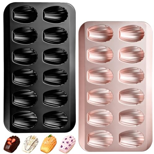 2 stycken Madeleine-bakformar, skalformade, madeleine-form – non-stick-belagd kolstål – 12 tråg per form – för ugnsbakning choklad brownies bakverk kakor – svart & champagneguld
