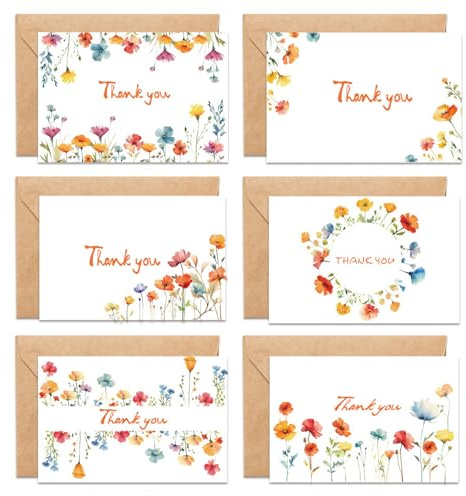 Tarjetas de Agradecimiento Flores Silvestres, Set di 12 biglietti di ringraziamento e buste in carta kraft, Tarjetas en Blanco para Bodas Fiesta Cumpleaños Aniversario Negocios Familia y Amigos