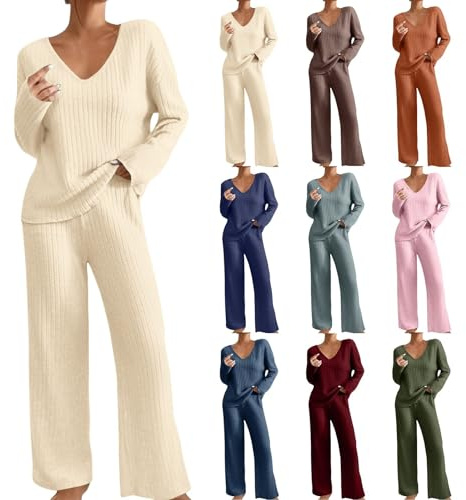 Tvådelad stickad damkostym, hemmadräkt dam ribbad loungeset, vinter, stickad loungewear set, elegant, enfärgad, joggingdräkt, V-ringad, hemmakläder, breda byxor, fritidsdräkt med fickor