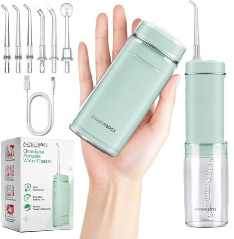 BarberBoss Travel Water Flosser, Pocket Flosser with 3 Pressure Settings, 6 Tips (3 Standard, Orthodontic, Periodontal, Tongue Cleaner), Portable Cordless Oral Irrigator, QR-7115 (Green) | 3 Pressure Settings, 6 Tips (3 Standard, Orthodontic, Periodontal, Tongue Cleaner), IPX8 Waterproof, Portable Cordless