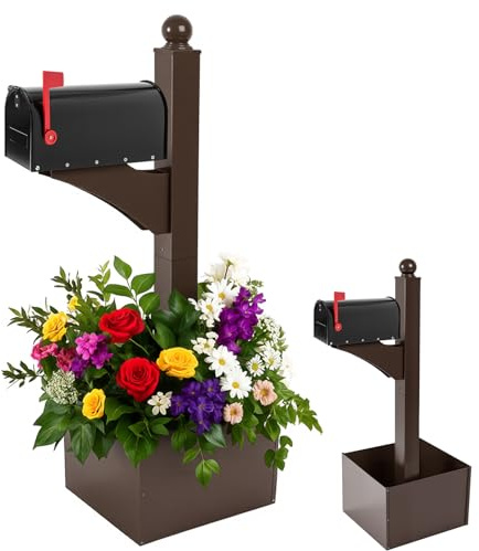 Colingmill Brown and Black Iron Mailbox Posts with Mailbox and Planter Box for Outside Decorative Ground Mounting Post 56 Inch / 4.6 ft Tall Heavy Duty Stand for Outdoor Use