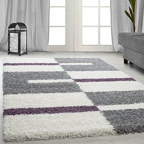 Carpetsale24 Hochflor Teppich 280 x 370 cm Lila-Grau – Weicher Shaggy Flokati im Karierten Design – XXL Wohnteppich für großzügige Räume wie Wohnzimmer, Schlafzimmer oder Essbereich – Modern