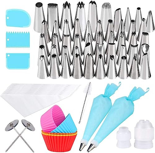 Gyvazla 75pcs Pastry Nozzles with Silicone Pouch, Disposable Plastic Piping Bags, Couplers, Flower Nails, Brush, Cakecups, Scrapers