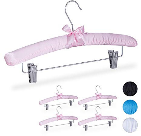 Relaxdays Satin Kleiderbügel im 5er Set, gepolstert, Vintage, verstellbare Clips, drehbarer Haken, 38 cm breit, rosa