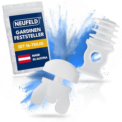 NEUFELD® Gardinenstopper Set [16 teilig] - Gardinenfeststeller in Standardgröße - Gardinen Feststeller für Schienen - Gardinenleiste Stopper