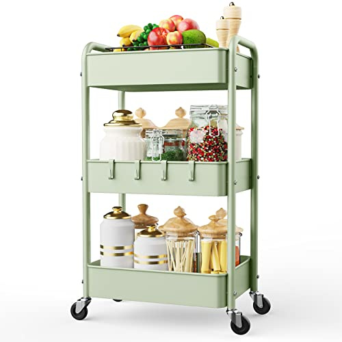 LEHOM 3 Tier Rolling Storage Cart, Metal Trolley Utility Cart with Wheels & Hooks, Easy Assembly Organizer Storage Cart for Bathroom Kitchen Office Bedroom (Green) | Multi-Functional Heavy Duty Storage Cart Organizer for Bathroom, Kitchen, Office, Living Room, Rolling Storage Trolley