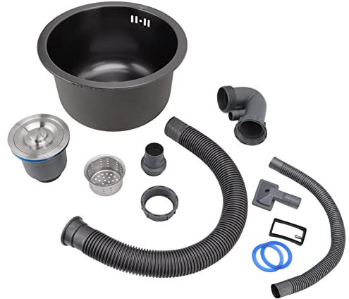 Kitchen Sink, Stainless Steel Mini Round Sink, Black Kitchen Bar Single Bowl Sinks with Drainer Assembly, Bathroom Equipment, for Utility Rooms Kitchens Bars Pubs