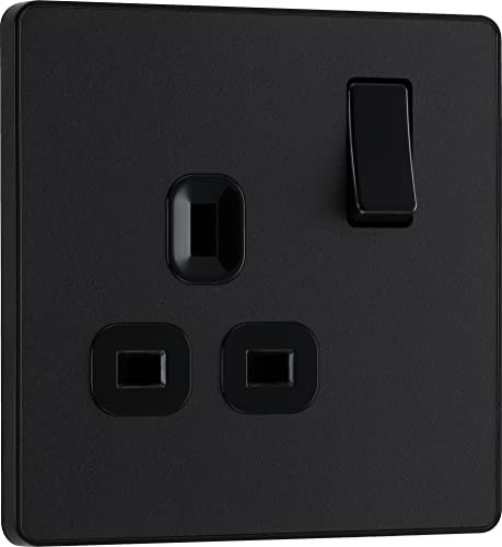 BG Electrical Single Switched Power Plug Wall Socket, Screwless Front Plate, Round Edges, Evolve, Matt Black, 13A, PCDMB21B