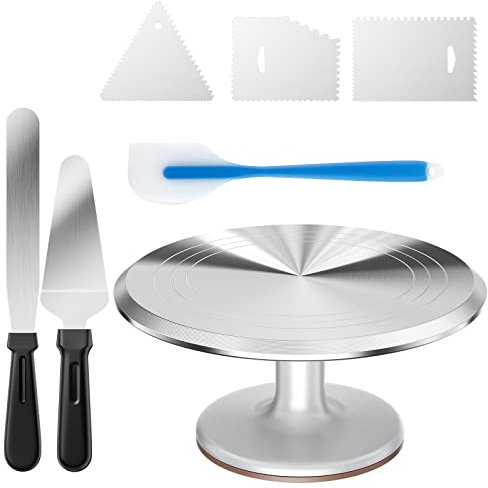 Relota 12 Pulgadas Plato Giratorio para Tartas Aluminio, Soporte con 2 Espátula de Glaseado, 3 Raspadores de Pasteles, Base para Hornear, Decorar