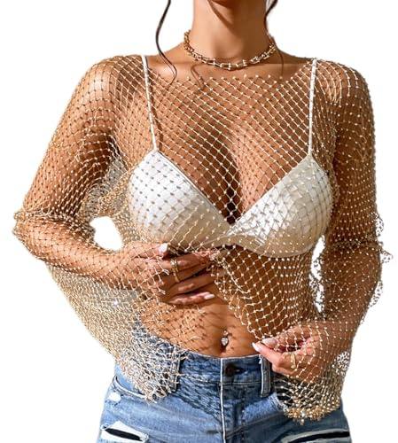 ABAFIP Women's Sparkly Rhinestone Crop Top Long Sleeve Mesh Bikini Cover up Summer Beach Holiday Fishnet Shirts Festival Rave Tops Gold Large