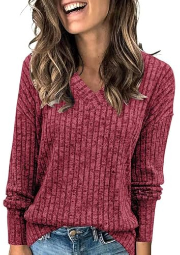 GRMLRPT Camiseta de Manga Larga Mujer Blusa Cuello en V Casual T-Shirt Manga Larga Color Sólido Camiseta de Mujer(Morado,XL)