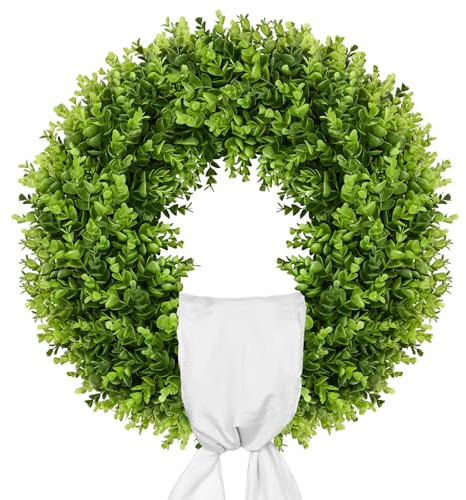 Vlorart 20 Faux Round Boxwood Wreath, Artificial Large Boxwood Wreath Front Door Wreaths Artificial Spring Summer Greenery Hanging with A Plaid Bow for Villa Wall Hanging Window Wedding Party Decor