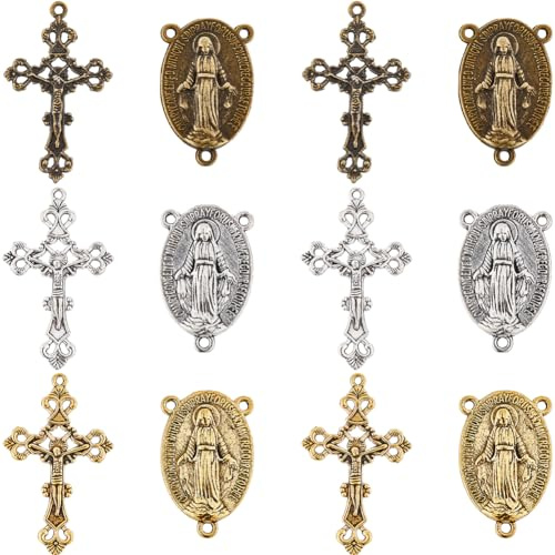 SUNNYCLUE 1 scatola 60 pezzi 6 stili Rosario Croce Ciondoli Crocifisso Fascino Vacanze di Pasqua Argento Antico Oro Bronzo Lampadario Ovale Collegamenti Rosario Accessori per Gioielli Creazione di Cio