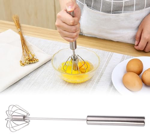 Halbautomatischer Schneebesen aus Edelstahl, Schneebesen Edelstahl, Stainless Steel Hand Push Easy Whisk Drehbarer Push Mixer Rührer zum Schneebesen, Schlagen, Rühren (Groß)