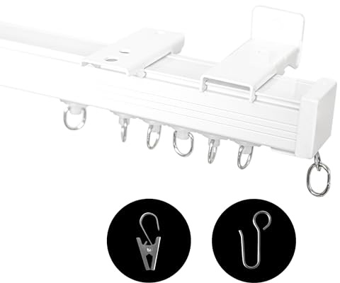 RoomDarkning Ceiling Curtain Track, Ceiling Wall Mount Room Divider Curtains Track Rods Heavy Duty Ceiling Track Curtain Rail, RV Ceiling Track for Curtains with Rollers Hooks Clips for 12-15ft, White