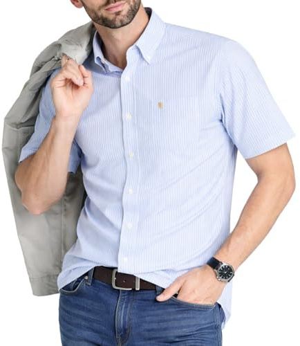 Mens Short Sleeve Oxford Shirt Plain or Stripe,Classic Fit,Button Down Collar & Pocket. Holiday Apparel Leisure Shirts. By Janeo British Apparel.
