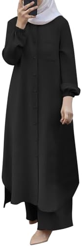 Ensemble Priere Femme Musulmane 2 Pieces,Robe Chemise Arabe Femme Grande Taille DéContractéE Dubaï VêTements Ethnique Cardigan Long à Manches Longues avec Boutons Et Pantalon