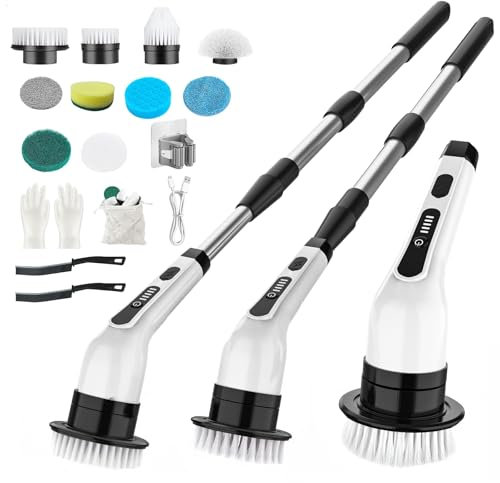 Electric Spin Scrubber, Cordless Electric Cleaning Brush, Power Scrubber with 10 pcs Replaceable Brush Heads, Extendable Long Handle Bathroom Cleaning Scrubber, Spin Scrubber for Bathroom/Kitchen