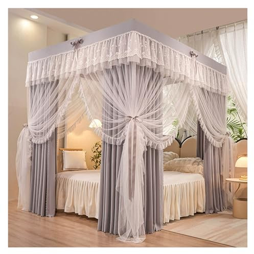 Cortinas con Dosel para Cama, mosquitera de Dos Niveles con 4 Postes en Las Esquinas, para Cama Doble, decoración de Dormitorio (Gris, 150 x 200 cm)