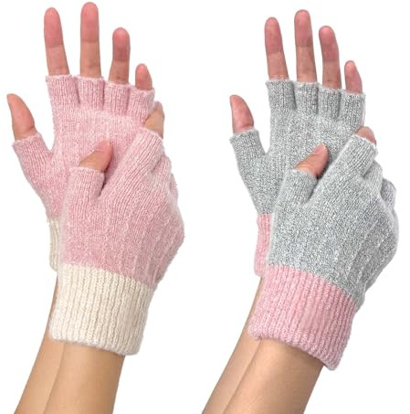 2 paia di guanti senza dita per donne, guanti termici touch screen lavorati a maglia, guanti caldi invernali per ragazze, donne, ciclismo, lavoro, guida, Etichettalia unica