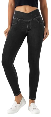 LaiEr V Cruzada de Cintura Mujer Skinny Jeans Alta Barriga Casual Fitness Leggings, Soft Stretch Casual Faux Denim Print Laterales Adecuado para Deportes y Ocio,con Bolsillos