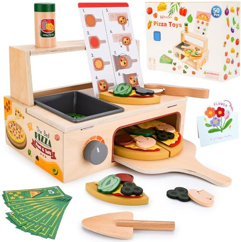 ZUSUZU Pizza Juegos de Madera,Juguete de Pizza de Madera,Set Pizzas de Maderas,Accesorios de Cocina para Niños,Juguetes de Cocina para Niños,Juego de rol,Accesorios de Cocina para Niñoss y Niñas