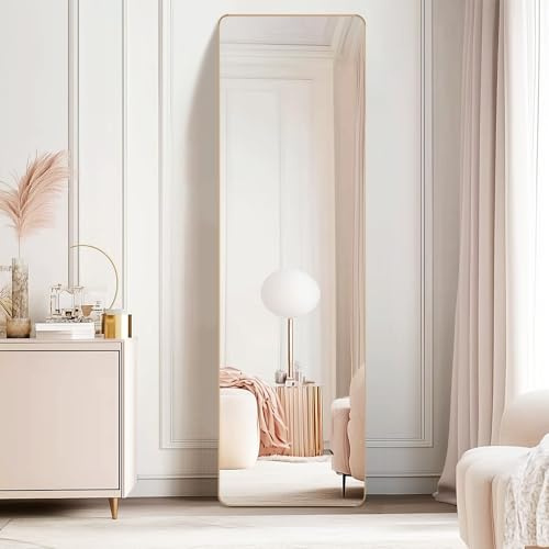 CROWNSHOP Full Length Mirrors 150x40cm Free Standing Aluminium Alloy Tempered Glass Floor Mirror Wall Full Body Large Hanging Mirror For Hallway, Living Room, Bedroom (150x40cm Gold)