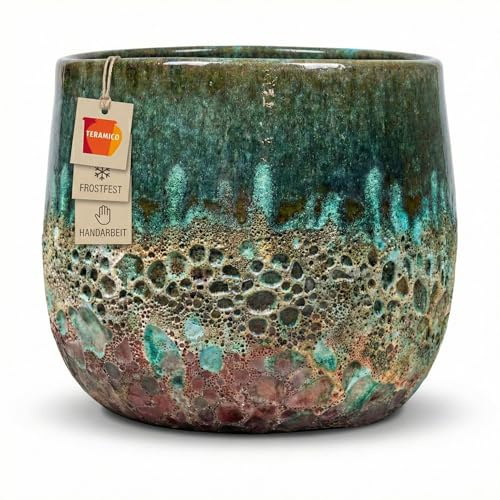 Teramico Vaso per piante in ceramica (verde/turchese) con foro di scarico, resistente al gelo, per interni ed esterni, smaltato strutturato, in gres porcellanato di alta qualità (20 cm x 19 cm)