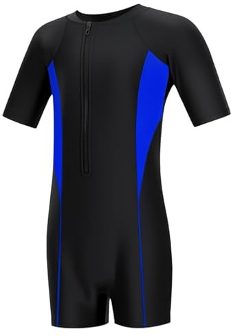 Qoibraze Boys Swimming Costume, One Piece Short Sleeve UV Swimsuit, Black
