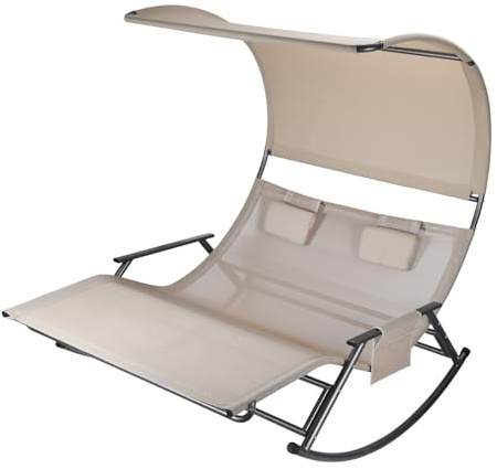 Eikuavons Tumbona doble para exterior, balancín para 2 personas con capacidad de carga de 250 kg, tumbona con sombrilla, bolsa y tejido transpirable, color beige para jardín, balcón, terraza