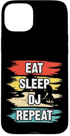 Custodia per iPhone 15 Plus Eat Sleep DJ Repeat Retro Giradischi DJ