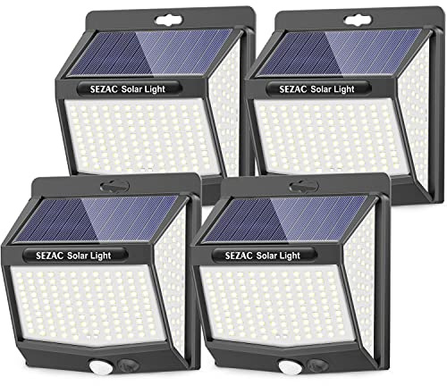 SEZAC Luz Solar Exterior [4 Paquete/3 Modes] 270° Súper Brillante Focos Led Exterior Solares con Sensor de Movimiento, IP65 Luces Solares Led exterior Jardin para Garajes, Caminos, Puertas Delanteras