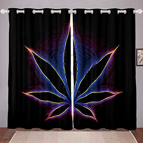 Cortinas de Hojas de Marihuana con Purpurina Azul con Hojas de Cannabis Parade Ventanas niños, niñas, Marihuana, cáñamo y Plantas de Tratamiento de Ventana, W46 x L72