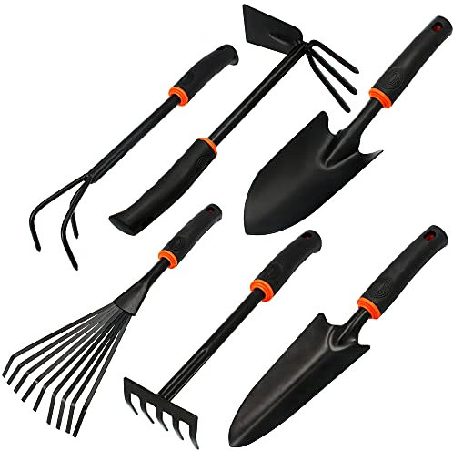 BRADAS® Gartenwerkzeug Set 6-Teiliges Gartengeräte DE LUXE Aus Stahl 6in1 Stück: 2 x Blumenkelle 6cm & 8 cm, Kleinrechen, Kombihacke (Doppelhacke), Grubber, Grasrechen (Kleinbesen) | Kleingeräte-Set