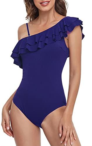 NLAND Dam volanger en axel asymmetrisk baddräkt i ett stycke bikini rygglös strandbikinis elegant monokini rymmande, Marinblå, XXL
