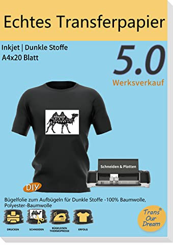 TransOurDream Inkjet Transferpapier für Dunkles Textil, Bügeleisen und Transferpresse A4X20 Blatt+2 Silikonpapier, Echte Inkjet Transferfolie,T-Shirt Papier,bedruckbare Transferpapier