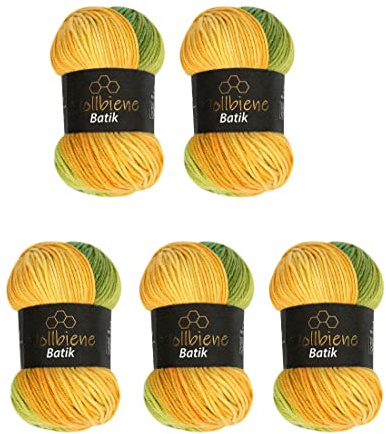 5 x 100g Wollbiene Batik 500 Gramm Wolle mit Farbverlauf mehrfarbig Multicolor Strickwolle Häkelwolle (1430 grün gelb orange)