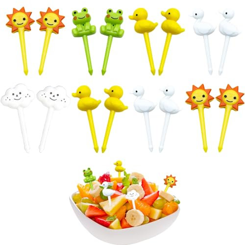 Kireida® 16 pezzi carino mini rana anatra frutta forchette per bambini in plastica bento box accessori per bambini/adulti, plastica di alta qualità, facile da pulire stuzzicadenti di frutta