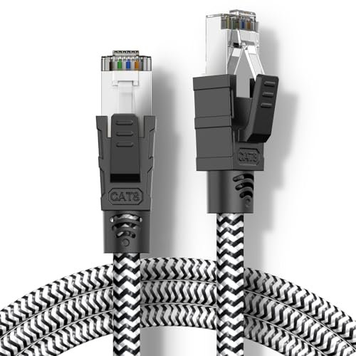Qiuean Cat 8 Câble Ethernet 10M, RJ45 Cable Haute Vitesse Réseau 40Gbps 2000MHz, Nylon Tressé Double Blindage STP LAN Câble Internet, Compatible avec Routeur Modem TV Box PC PS4/5
