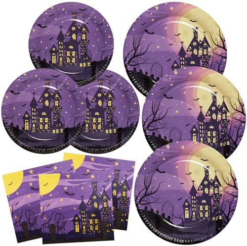 BFB Set di Piatti carta di Halloween 48 pezzi Casa stregata Stoviglie per feste Piatti e Tovaglioli monouso, Viola