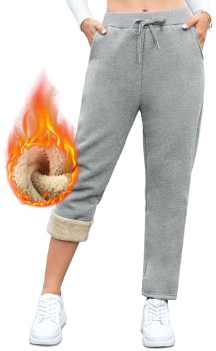 Vorvowry Fleece Lined Joggers Womens Fluffy Sherpa Trousers Warm Thermal Sweatpants Winter Thick Tracksuit Bottoms Drawstring Pockets for Ladies Running Fitness M Straight Leg Light Grey