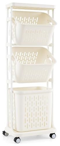 LIFEZEAL Cesto de la ropa con ruedas, cesto de la ropa sucia con 3 compartimentos, clasificador de ropa de plástico con estante, carro de almacenaje para baño, lavadero, cocina