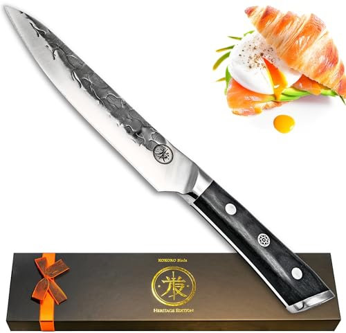 KOKORO Blade 6 Inch Japanese Utility Knife - Hand Hammer Forged Kitchen Knife with KuroWood Handle, Ultra Sharp Edge, Proffessional Quality Cook's Knife, Perfect for Home or Pro Kitchens and Gifts