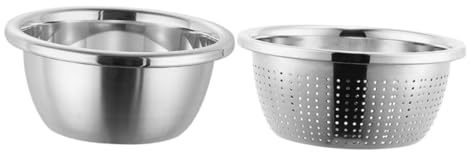 DONFAMDS Juego de Tazón y Colador de Acero Inoxidable Engrosado y Diseño Profundo, Cesta de Drenaje para Cocina y Lavado de Arroz y Verduras, 1 Set Plata