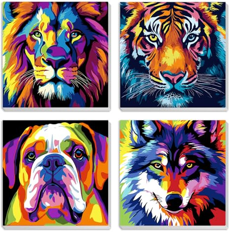 MXJSUA 4 Pack Colorful Animals Paint by Numbers Kit with Framed Canvas for Ages 6-12 Kids, Paint by Numbers Kits for Children Beginners, Acrylic Oil Painting for Home Wall Decor Gift (20 * 20cm)
