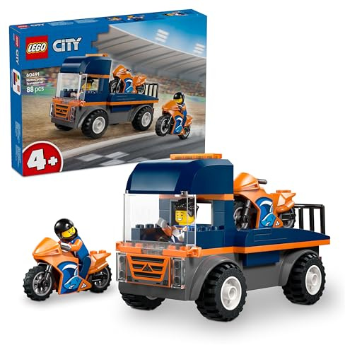 LEGO City Trasportatore di Moto - Giocattolo per lo Sviluppo della Motricità Fine con Camion, 2 Motociclette, 2 Minifigure, Rampa e Accessori - Regalo di Compleanno per Bambini da 4 Anni in su - 60491