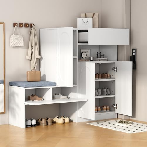 BNUZ Moderno zapatero 2 en 1, color blanco, 110 x 130 cm, con puertas abovedadas, puerta abatible con función de cierre suave, compartimentos ajustables en altura y asiento acolchado