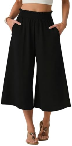 PrinStory - Pantalones de pierna ancha para mujer, cintura elástica alta, capris casuales, pantalones palazzo sueltos, culottes de ocio, Negro, XXL